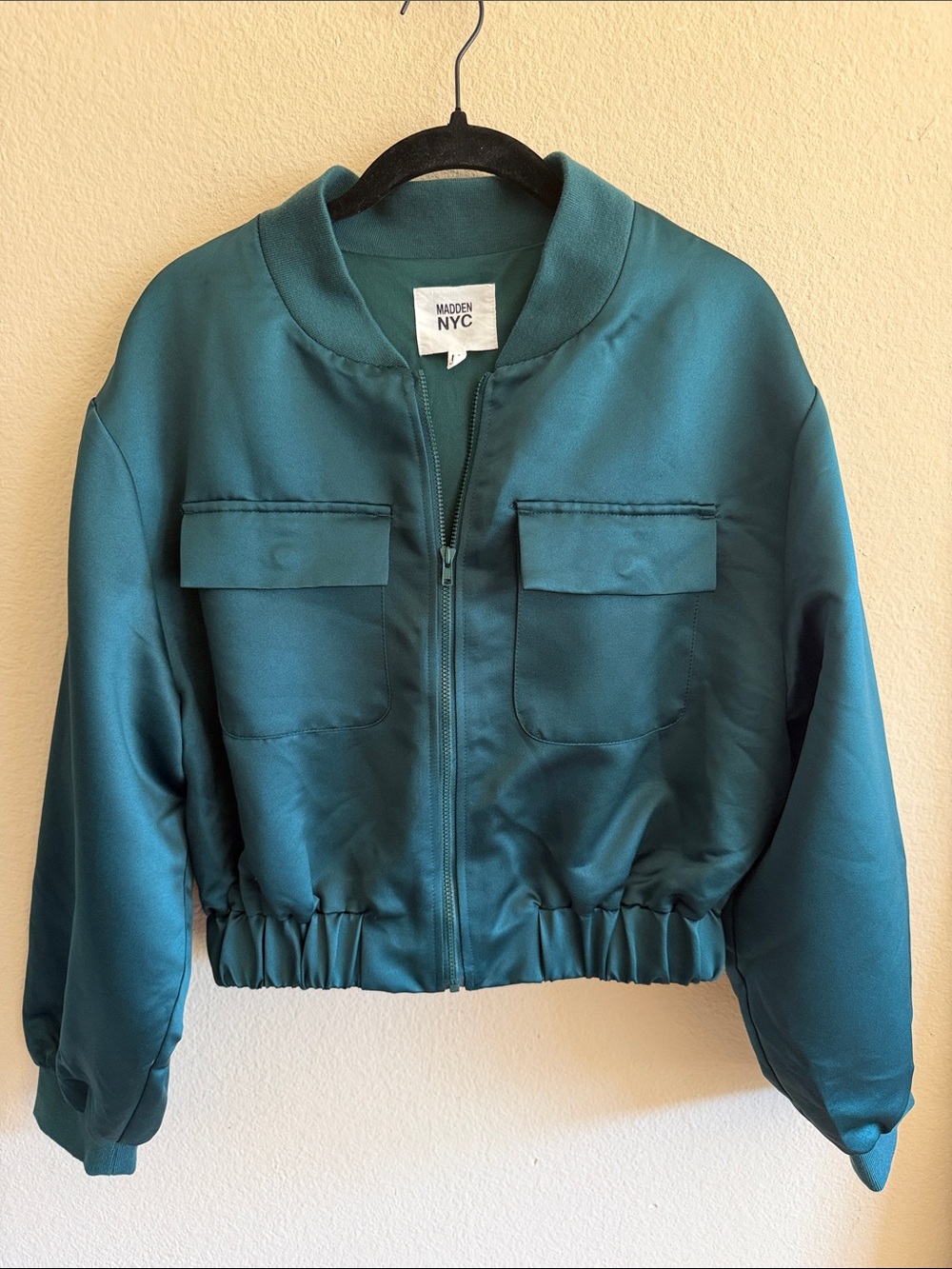 Madden NYC Teal Satin Bomber Jacket